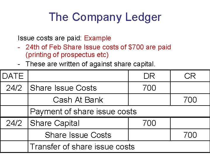 The Company Ledger Issue costs are paid: Example - 24 th of Feb Share