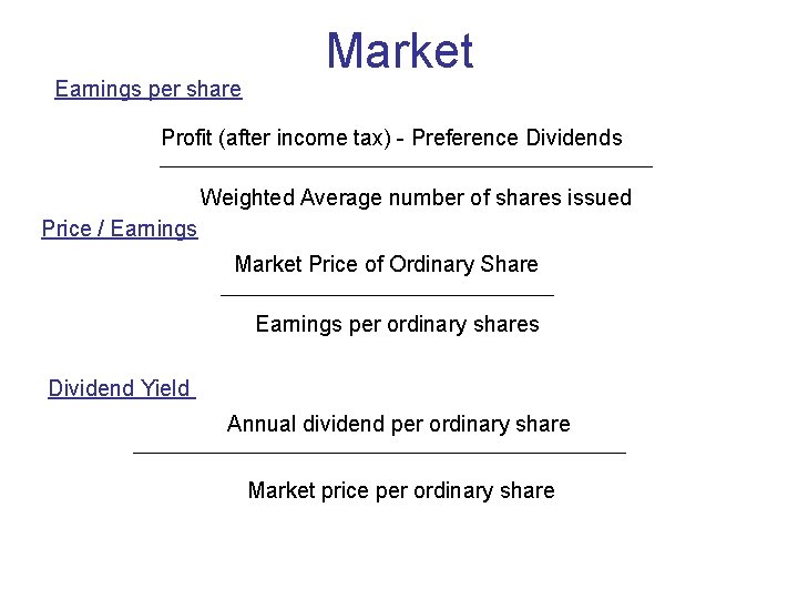Earnings per share Market Profit (after income tax) - Preference Dividends Weighted Average number
