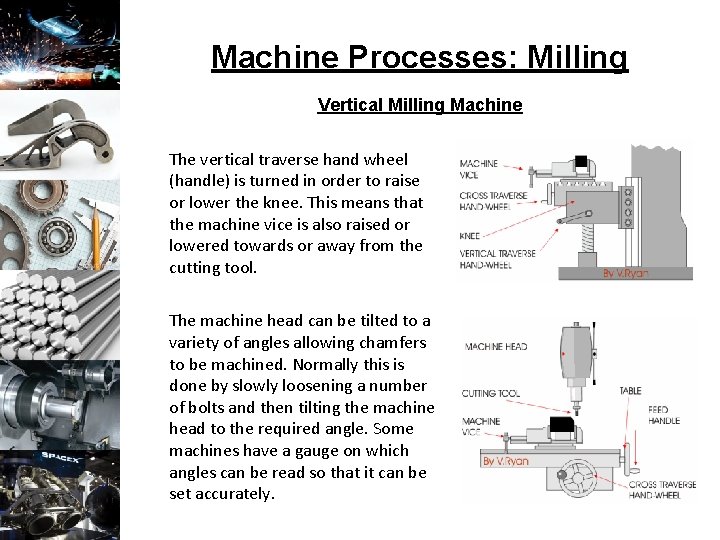 Machine Processes: Milling Vertical Milling Machine The vertical traverse hand wheel (handle) is turned