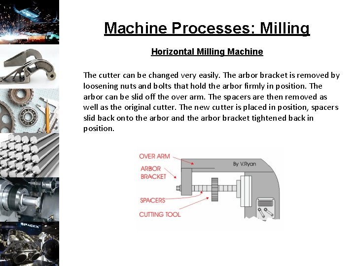Machine Processes: Milling Horizontal Milling Machine The cutter can be changed very easily. The