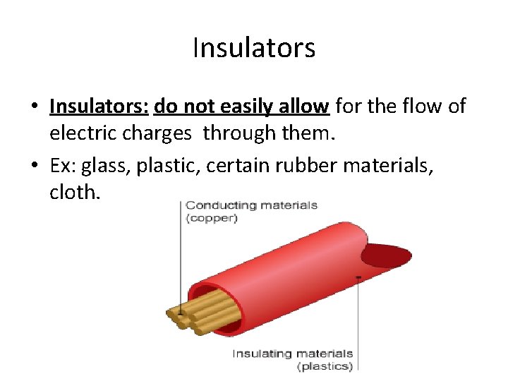 Insulators • Insulators: do not easily allow for the flow of electric charges through