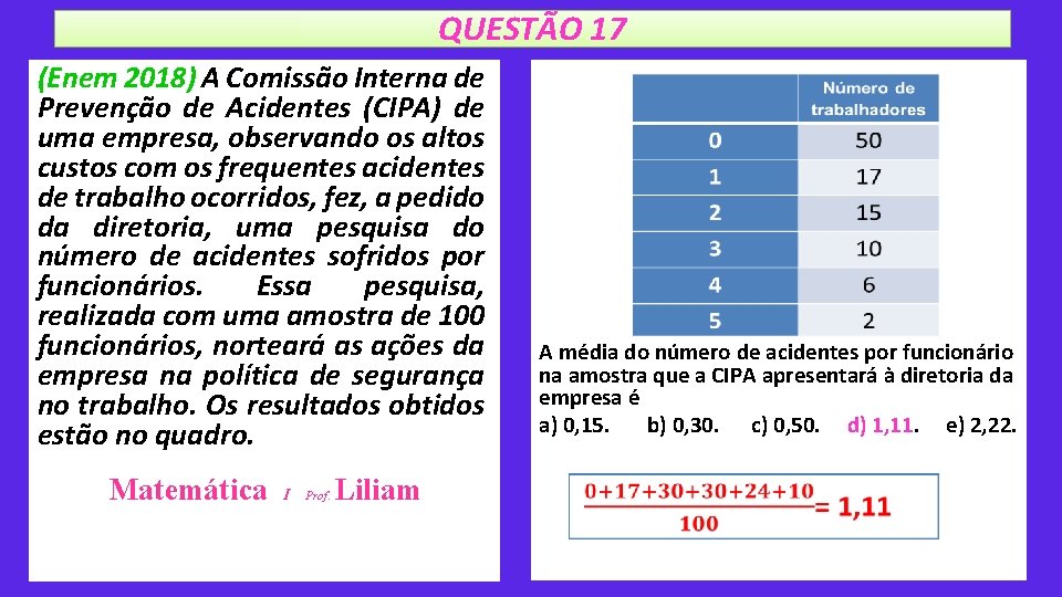 QUESTÃO 17 (Enem 2018) A Comissão Interna de Prevenção de Acidentes (CIPA) de uma