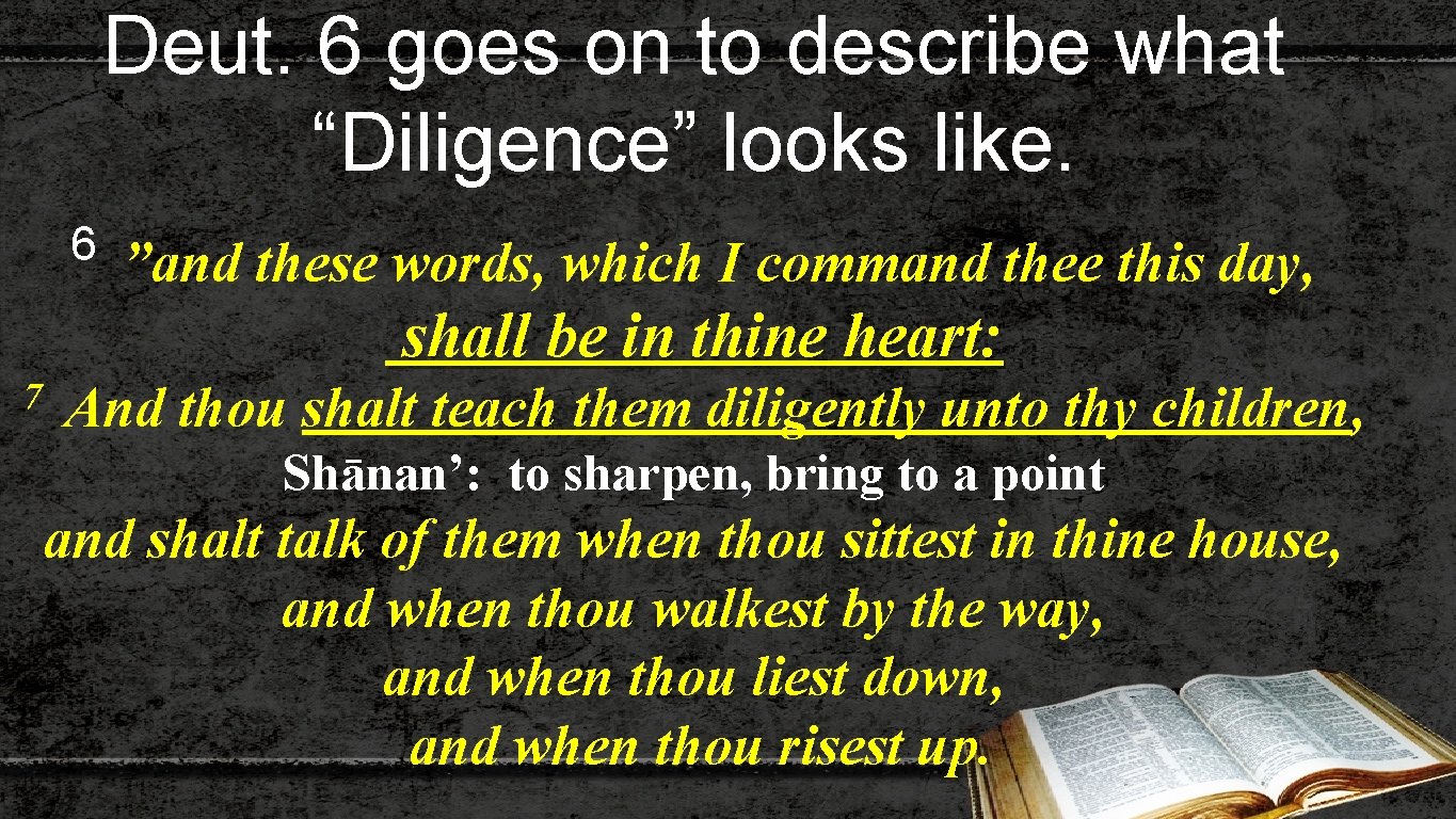 Deut. 6 goes on to describe what “Diligence” looks like. 6 ”and these words,