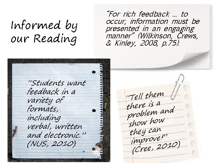 Informed by our Reading “Students want feedback in a variety of formats, including verbal,