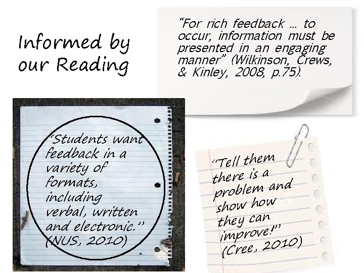 Informed by our Reading “Students want feedback in a variety of formats, including verbal,