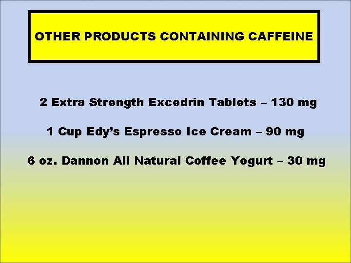 OTHER PRODUCTS CONTAINING CAFFEINE 2 Extra Strength Excedrin Tablets – 130 mg 1 Cup