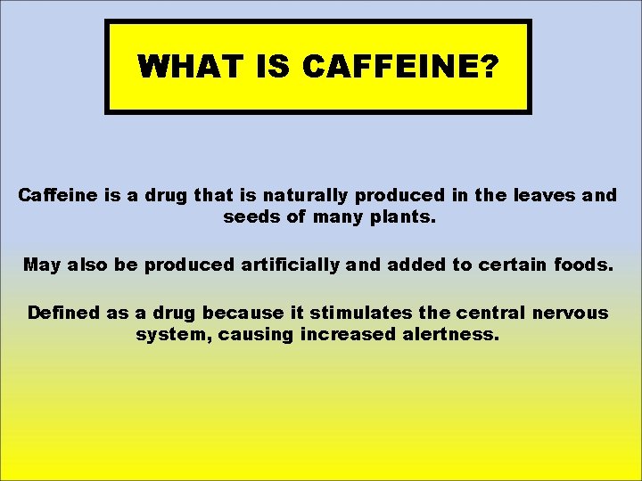 WHAT IS CAFFEINE? Caffeine is a drug that is naturally produced in the leaves