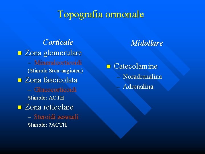 Topografia ormonale n Corticale Zona glomerulare – Mineralcorticoidi (Stimolo Sren-angioten) n Zona fascicolata –