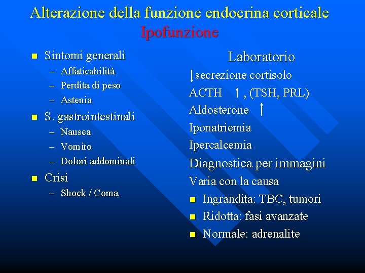 Alterazione della funzione endocrina corticale Ipofunzione n Sintomi generali – – – n S.