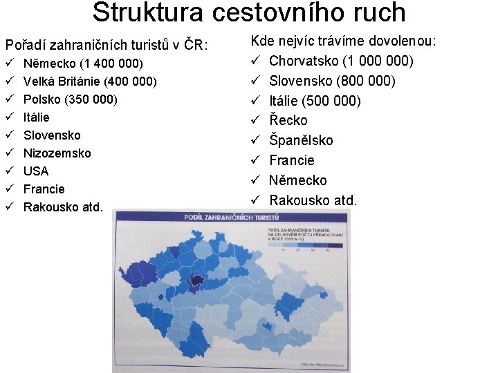 Struktura cestovního ruch Pořadí zahraničních turistů v ČR: ü ü ü ü ü Německo