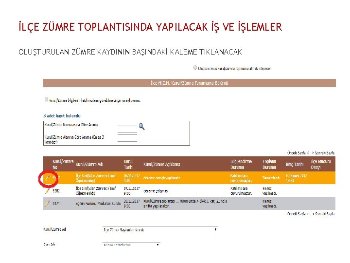 İLÇE ZÜMRE TOPLANTISINDA YAPILACAK İŞ VE İŞLEMLER OLUŞTURULAN ZÜMRE KAYDININ BAŞINDAKİ KALEME TIKLANACAK 