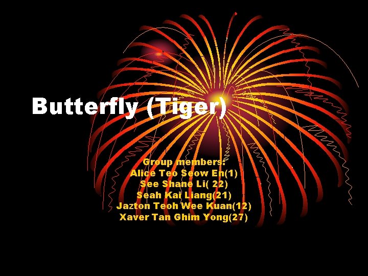 Butterfly (Tiger) Group members: Alice Teo Seow En(1) See Shane Li( 22) Seah Kai