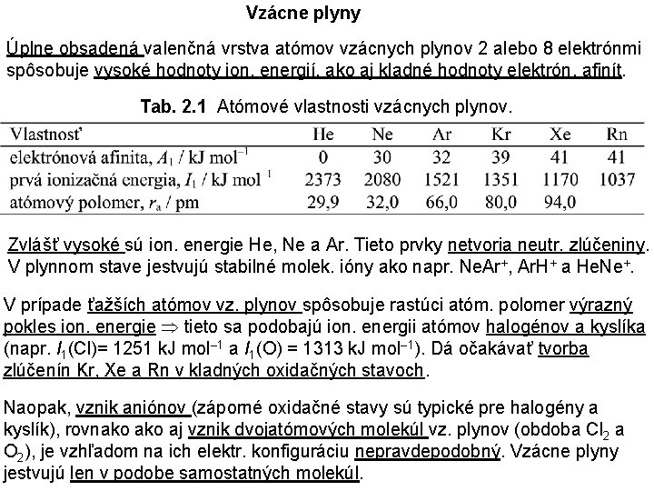 Vzácne plyny Úplne obsadená valenčná vrstva atómov vzácnych plynov 2 alebo 8 elektrónmi spôsobuje