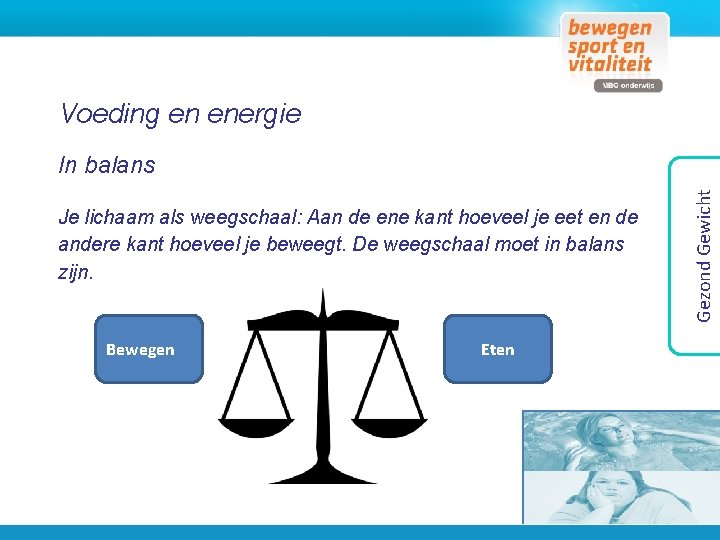 Voeding en energie Je lichaam als weegschaal: Aan de ene kant hoeveel je eet