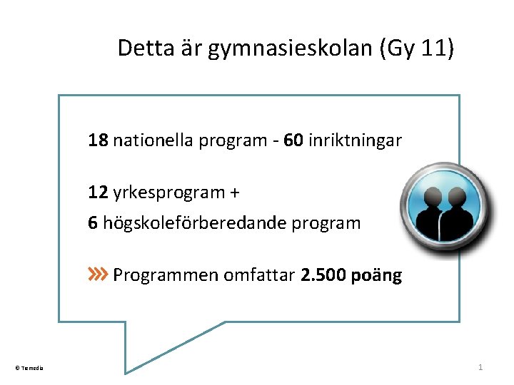 Detta är gymnasieskolan (Gy 11) 18 nationella program 60 inriktningar 12 yrkesprogram + 6