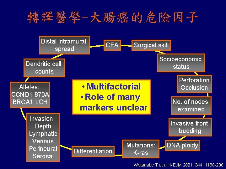 轉譯醫學-大腸癌的危險因子 Distal intramural spread CEA Surgical skill Socioeconomic status Dendritic cell counts Alleles: CCND