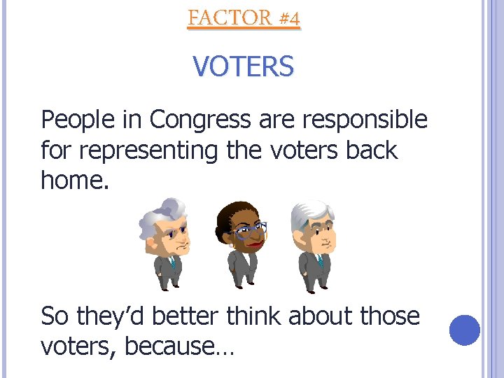 FACTOR #4 VOTERS People in Congress are responsible for representing the voters back home.