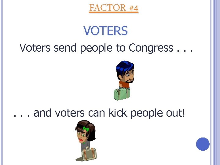 FACTOR #4 VOTERS Voters send people to Congress. . . and voters can kick