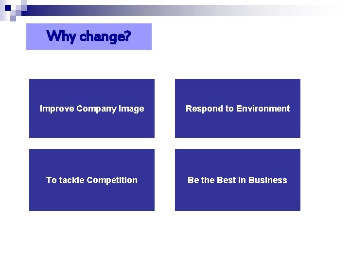 Why change? Improve Company Image Respond to Environment To tackle Competition Be the Best