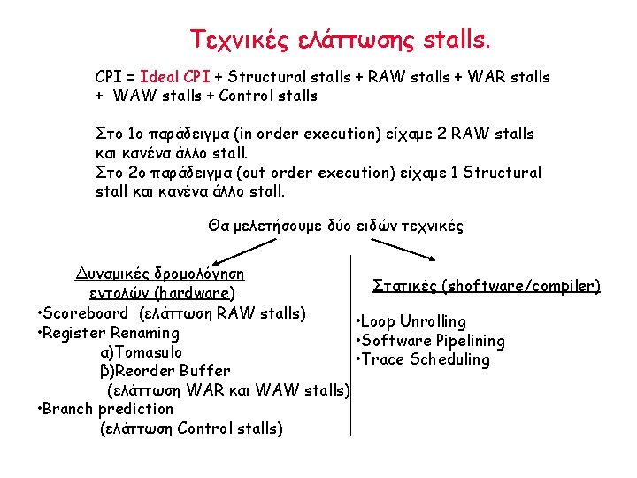 Τεχνικές ελάττωσης stalls. CPI = Ideal CPI + Structural stalls + RAW stalls +