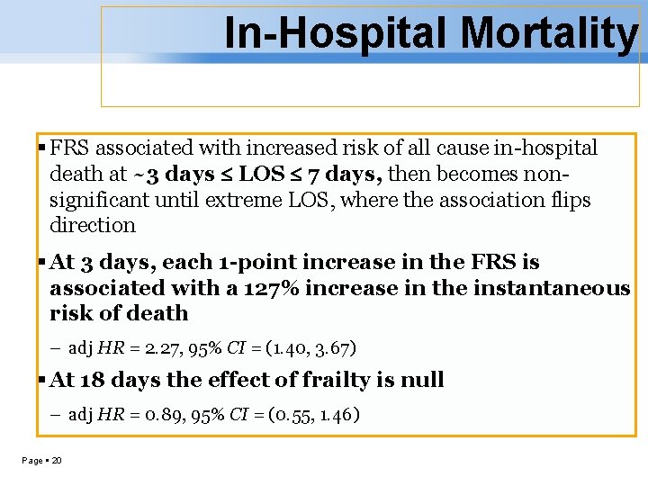 In-Hospital Mortality FRS associated with increased risk of all cause in-hospital death at ~3