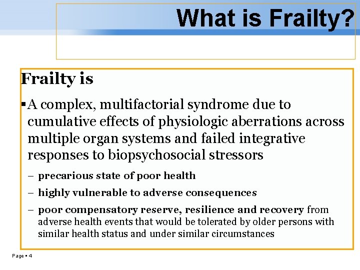 What is Frailty? Frailty is A complex, multifactorial syndrome due to cumulative effects of