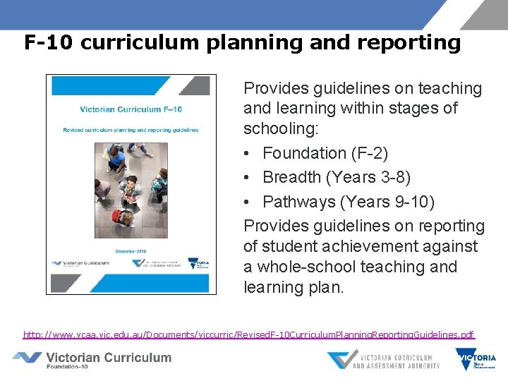 F-10 curriculum planning and reporting guidelines Provides guidelines on teaching and learning within stages