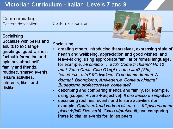 Victorian Curriculum - Italian Levels 7 and 8 Communicating Content description Content elaborations Socialising