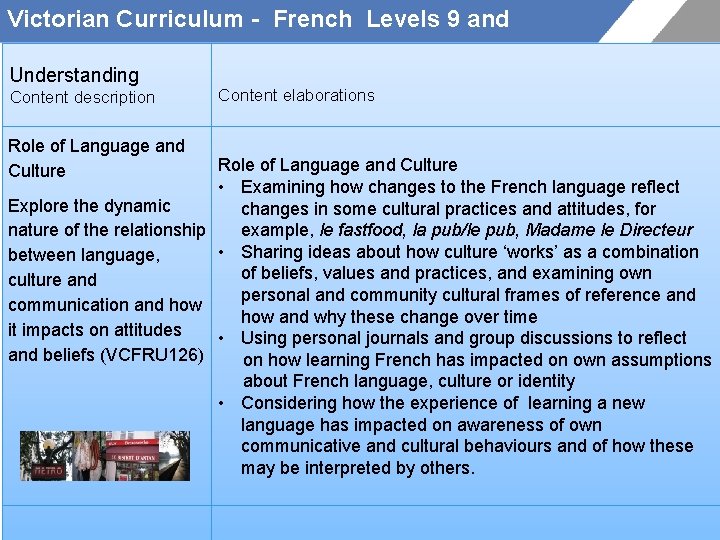 Victorian Curriculum - French Levels 9 and Understanding Content description Role of Language and