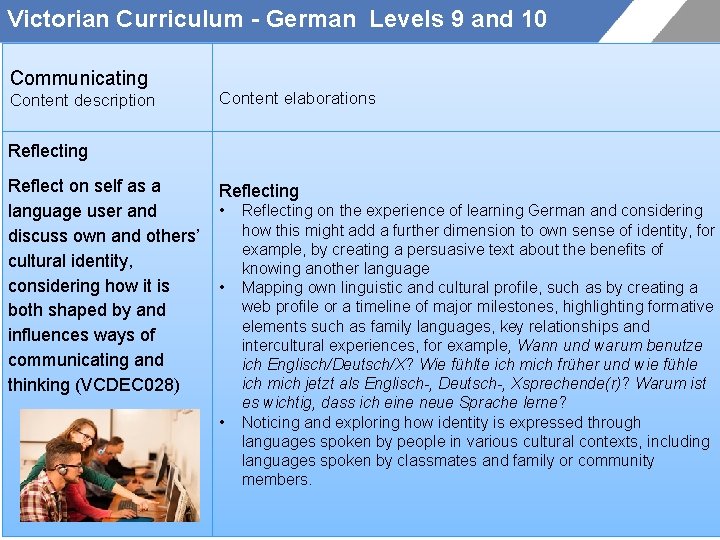 Victorian Curriculum - German Levels 9 and 10 Communicating Content description Content elaborations Reflecting