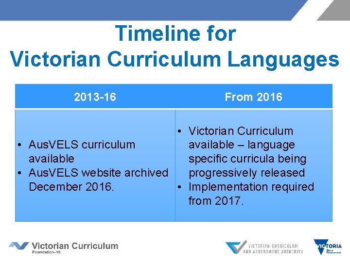 Timeline for Victorian Curriculum Languages 2013 -16 From 2016 • Victorian Curriculum available –