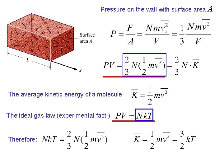 Pressure on the wall with surface area A: L The average kinetic energy of Pressure on the wall with surface area A: L The average kinetic energy of