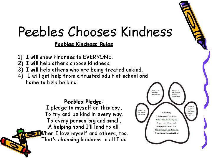 Peebles Chooses Kindness Peebles Kindness Rules 1) 2) 3) 4) I will show kindness Peebles Chooses Kindness Peebles Kindness Rules 1) 2) 3) 4) I will show kindness