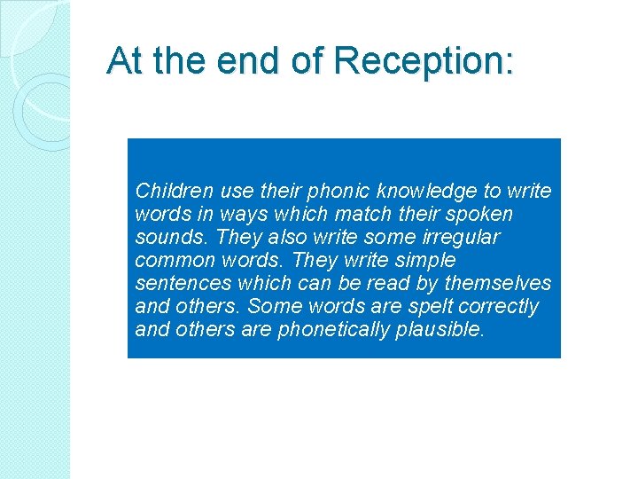 At the end of Reception: Children use their phonic knowledge to write words in