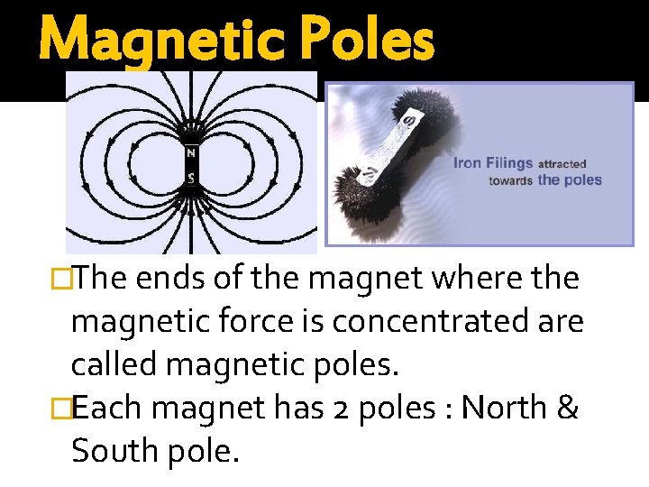 Magnetic Poles �The ends of the magnet where the magnetic force is concentrated are