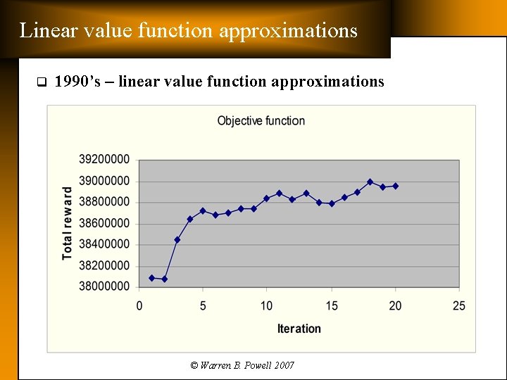 Linear value function approximations q 1990’s – linear value function approximations © Warren B.