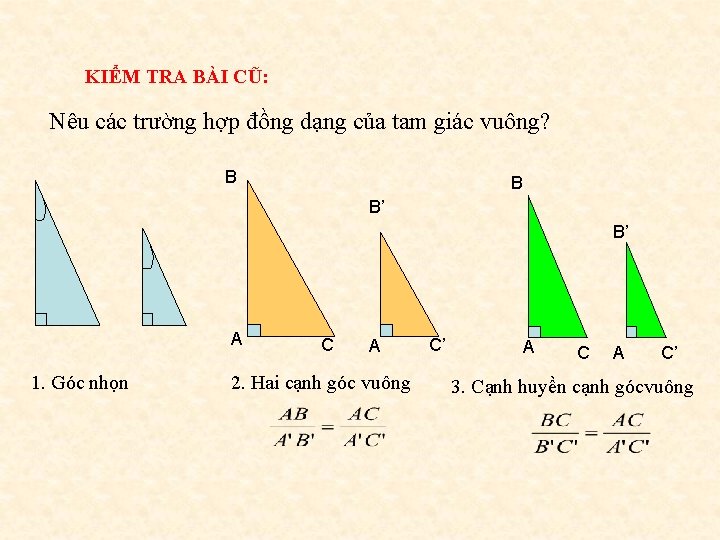 KIỂM TRA BÀI CŨ: Nêu các trường hợp đồng dạng của tam giác vuông?