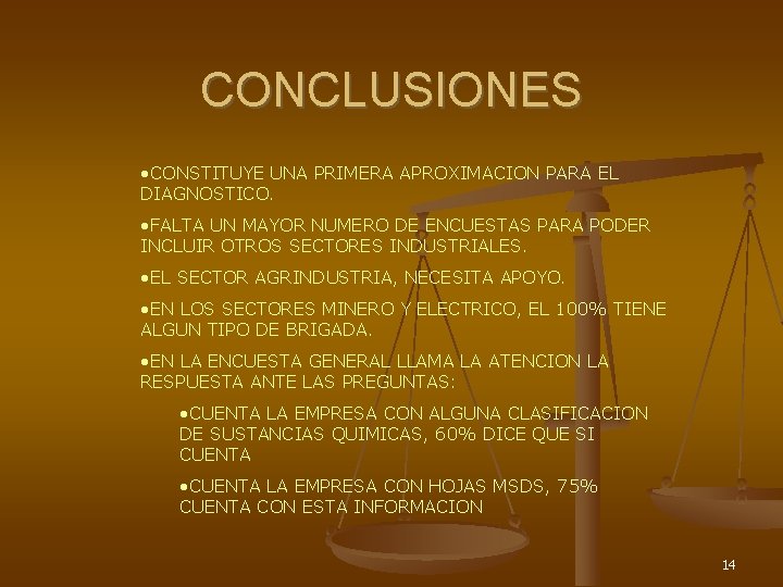 CONCLUSIONES • CONSTITUYE UNA PRIMERA APROXIMACION PARA EL DIAGNOSTICO. • FALTA UN MAYOR NUMERO