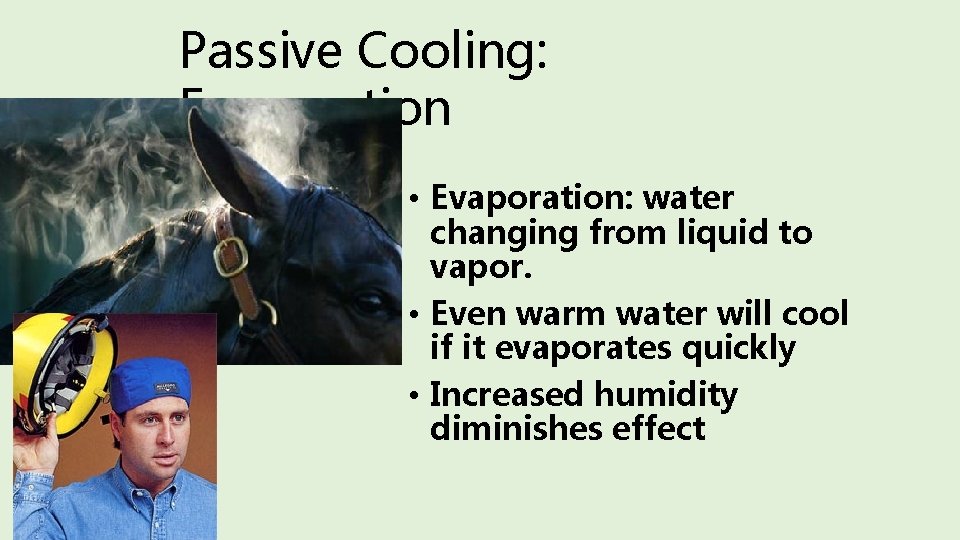 Passive Cooling: Evaporation • Evaporation: water changing from liquid to vapor. • Even warm