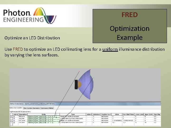 FRED Optimize an LED Distribution Optimization Example Use FRED to optimize an LED collimating