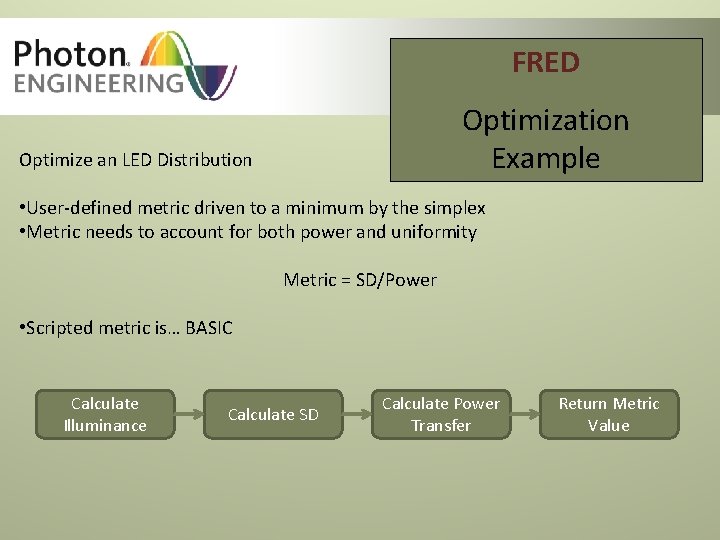 FRED Optimization Example Optimize an LED Distribution • User-defined metric driven to a minimum