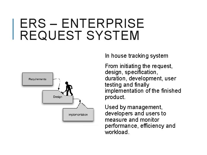 ERS – ENTERPRISE REQUEST SYSTEM In house tracking system From initiating the request, design,
