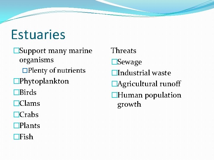 Estuaries �Support many marine organisms �Plenty of nutrients �Phytoplankton �Birds �Clams �Crabs �Plants �Fish