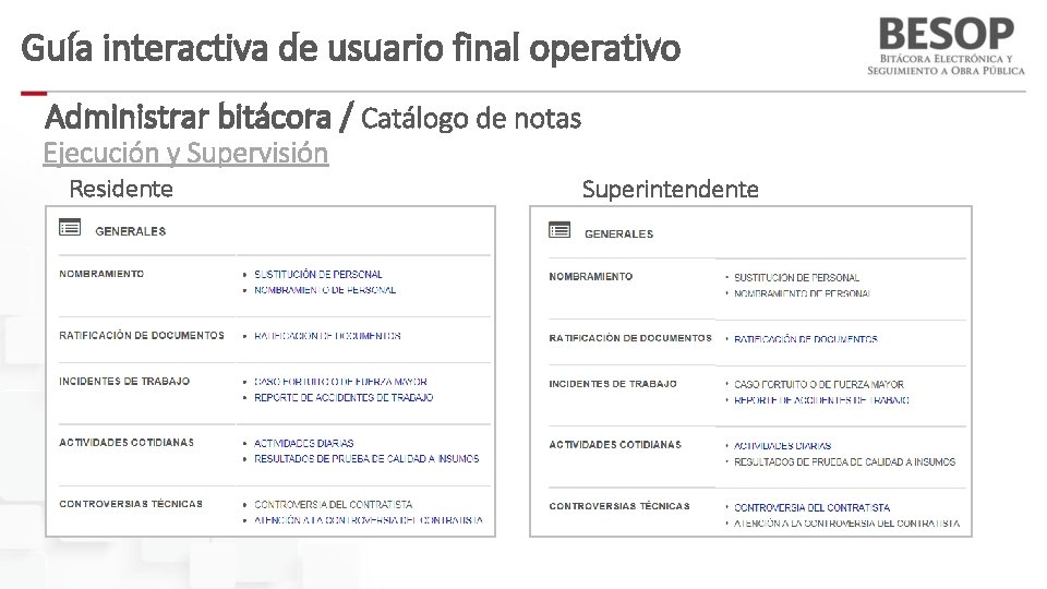 Guía interactiva de usuario final operativo Administrar bitácora / Catálogo de notas Ejecución y