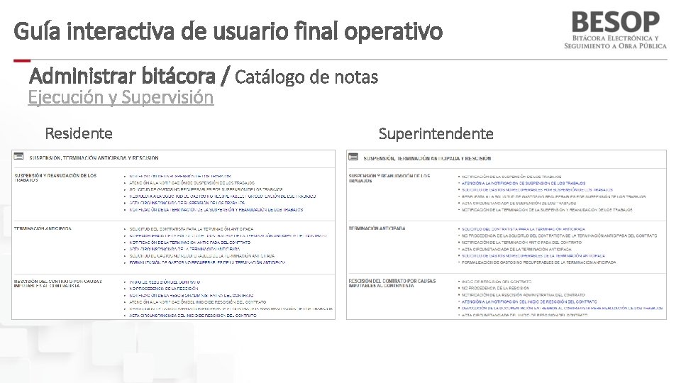 Guía interactiva de usuario final operativo Administrar bitácora / Catálogo de notas Ejecución y