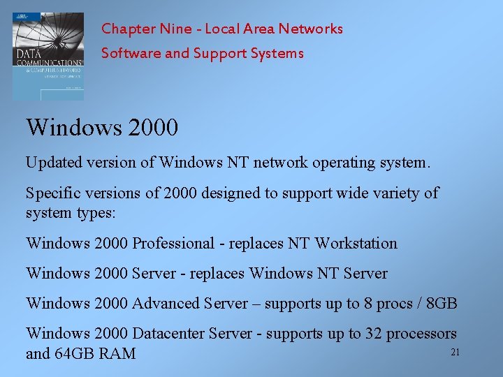 Chapter Nine - Local Area Networks Software and Support Systems Windows 2000 Updated version