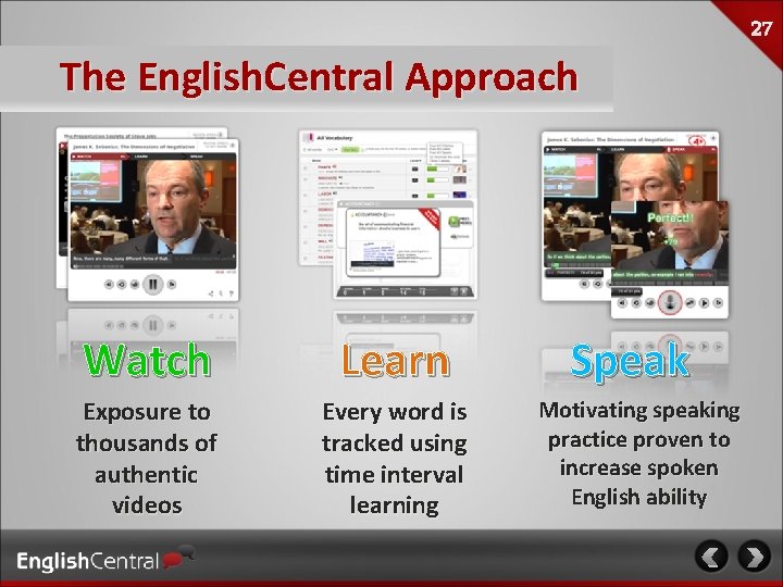 The English. Central Approach Watch Learn Exposure to thousands of authentic videos Every word