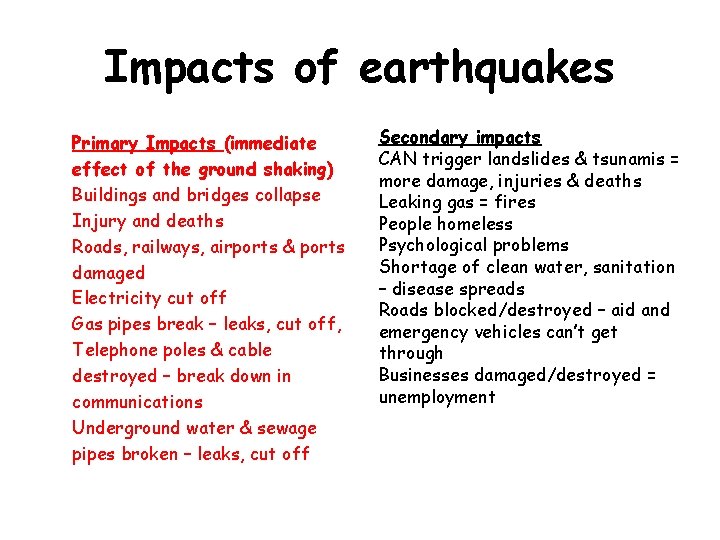 Impacts of earthquakes Primary Impacts (immediate effect of the ground shaking) Buildings and bridges