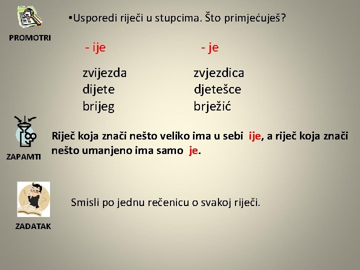  • Usporedi riječi u stupcima. Što primjećuješ? PROMOTRI - ije zvijezda dijete brijeg