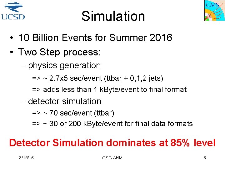 Simulation • 10 Billion Events for Summer 2016 • Two Step process: – physics